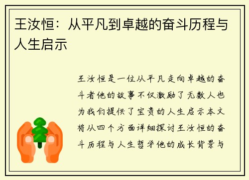 王汝恒：从平凡到卓越的奋斗历程与人生启示