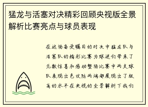 猛龙与活塞对决精彩回顾央视版全景解析比赛亮点与球员表现