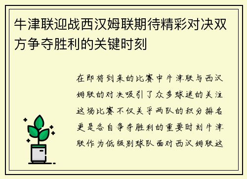 牛津联迎战西汉姆联期待精彩对决双方争夺胜利的关键时刻