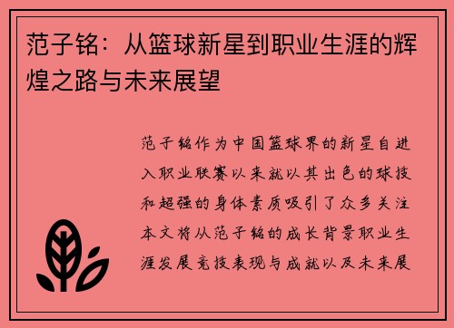 范子铭：从篮球新星到职业生涯的辉煌之路与未来展望
