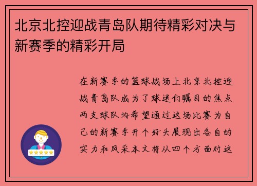 北京北控迎战青岛队期待精彩对决与新赛季的精彩开局