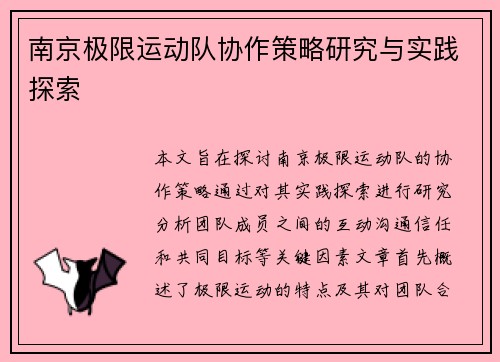 南京极限运动队协作策略研究与实践探索