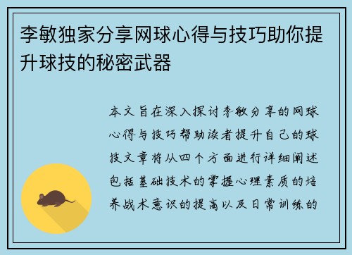 李敏独家分享网球心得与技巧助你提升球技的秘密武器
